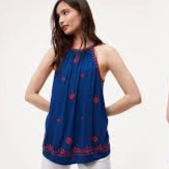 LOFT Tops - LOFT Blue and Red "Fireworks" Embroidered Halter Top